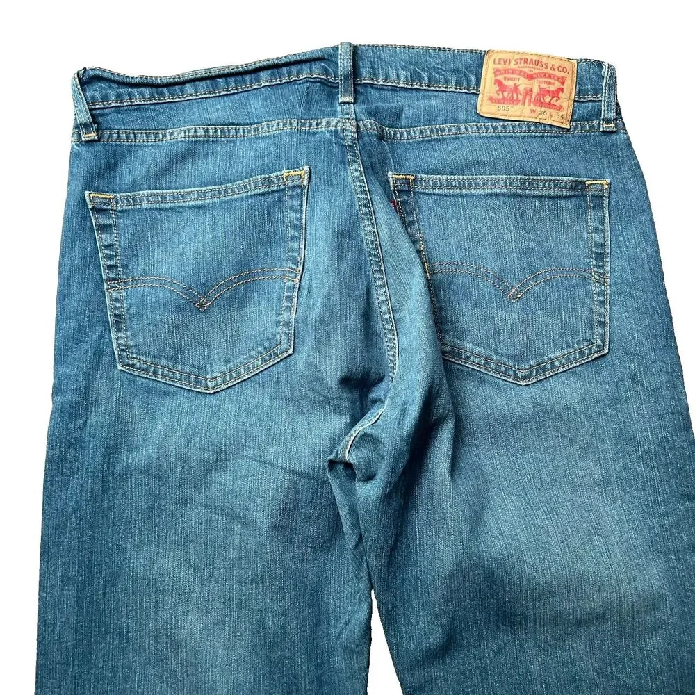 Levi's 505 Medium Wash Regular Fit Straight Leg Denim Blue Jeans Men's 36x34